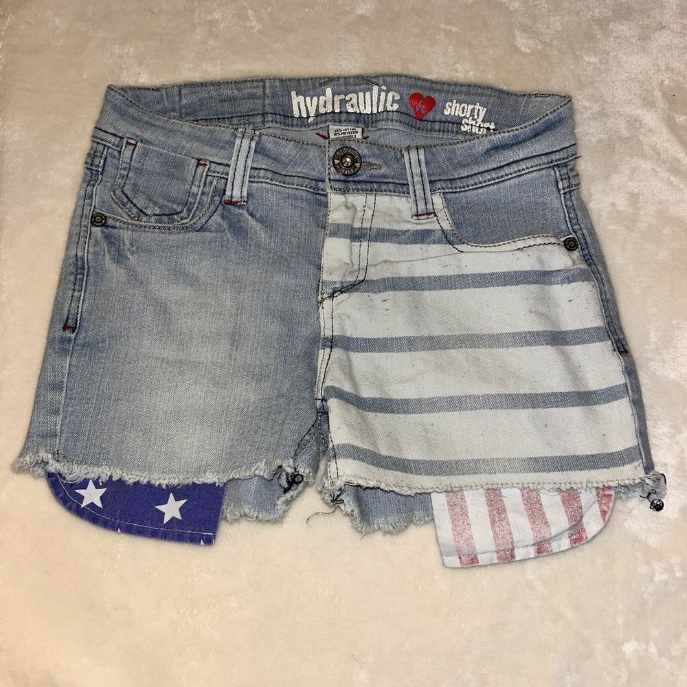 Hydraulic Girls Sz‎ 12 Denim Shorts Light Wash American Flag Stars Stripes Indie